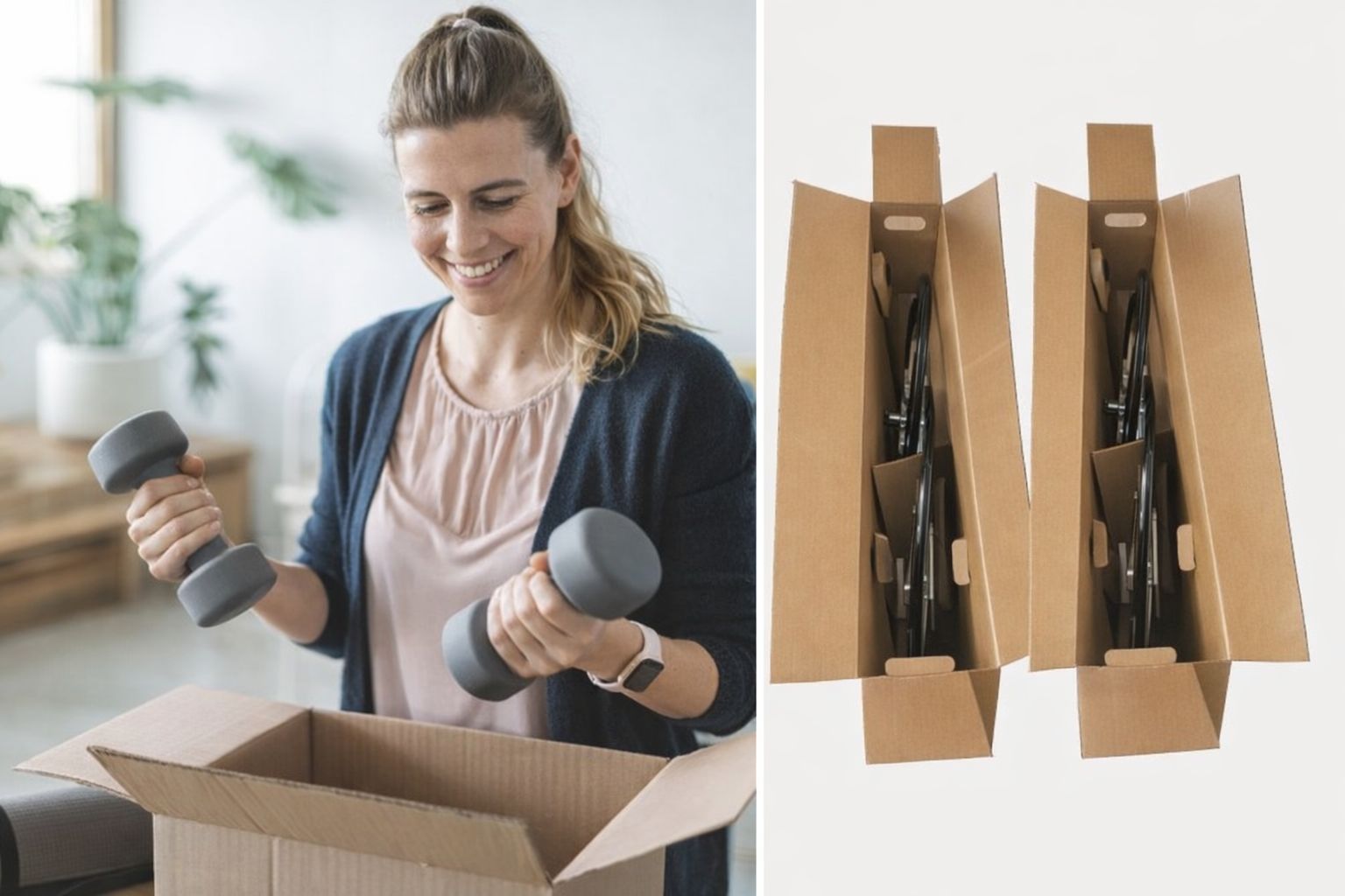 En kvinna packar upp hantlar ur en kartong bredvid bilder på paket.