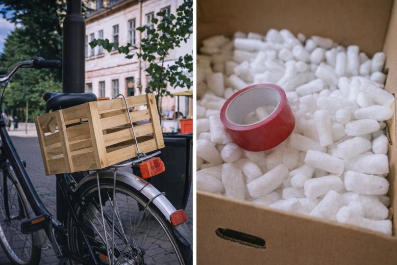 En cykel med träkorg och ett paket med packmaterial och tejp.